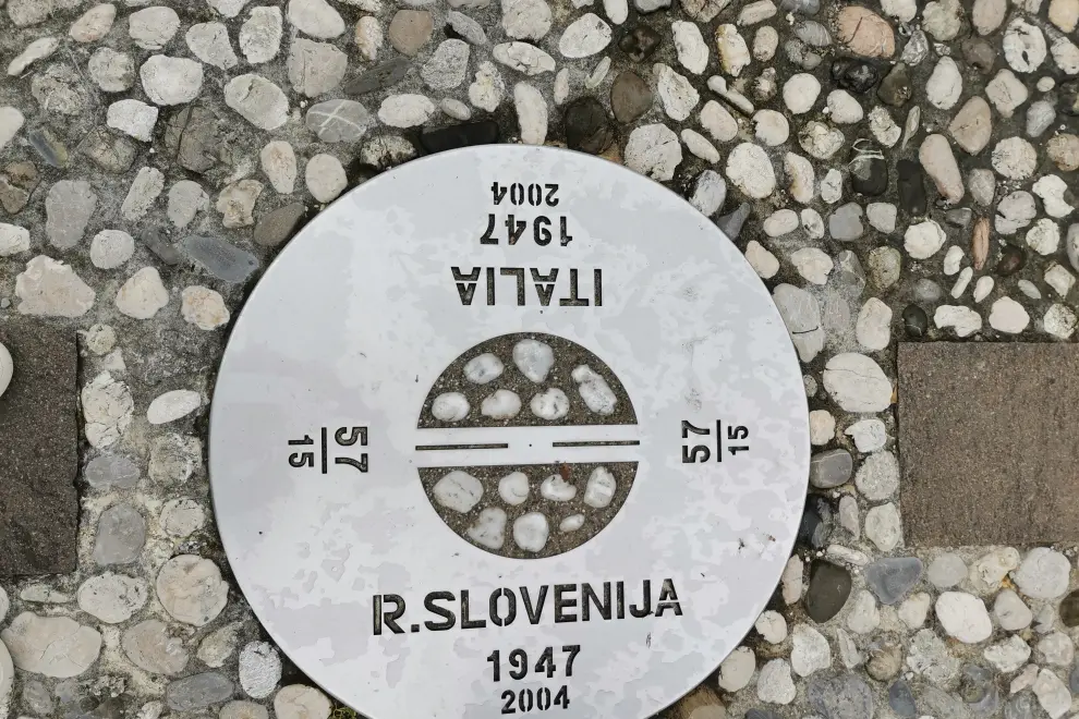 A sign on the square between the Slovenian city of Nova Gorica and Italy's Gorizia which will host the 2025 European Capital of Culture. Photo: Kaja Šoštarec/STA