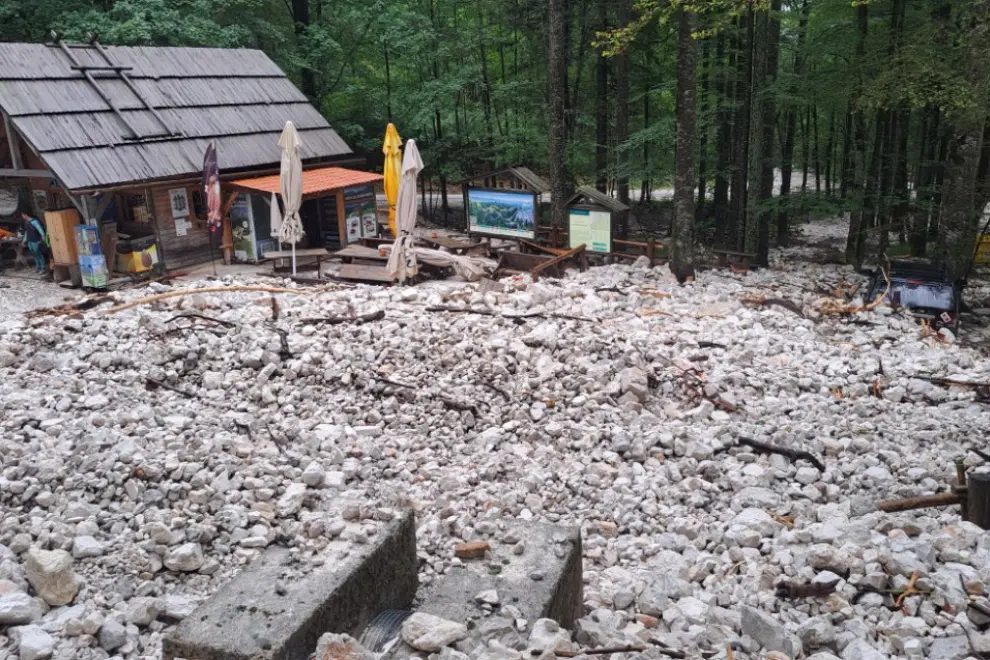 A landslide triggered by heavy rain blocks a road in the Logar Valley. Photo: Solčava Mayor Katarina Prelesnik