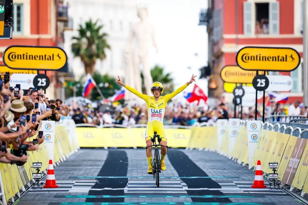 Slovenia's Tadej Pogačar wins the final time trial and the 2024 Tour de France title. Photo: Anže Malovrh/STA