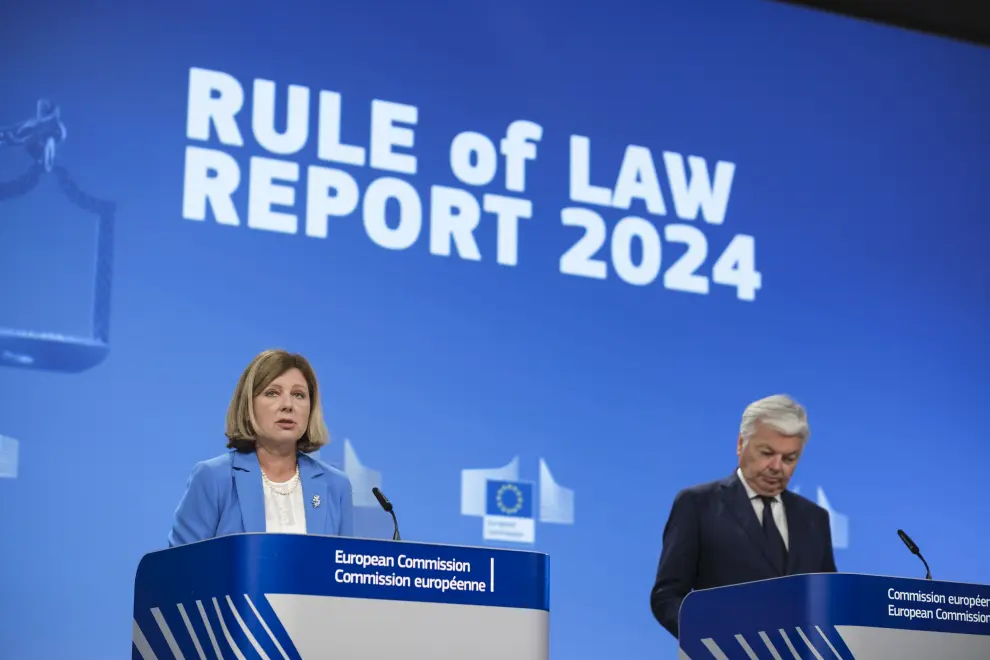 Vera Jourova, European Commission vice president for values and transparency, and Didier Reynders, European commissioner for justice, present the 2024 Rule of Law Report. Photo: Thierry Monasse/STA