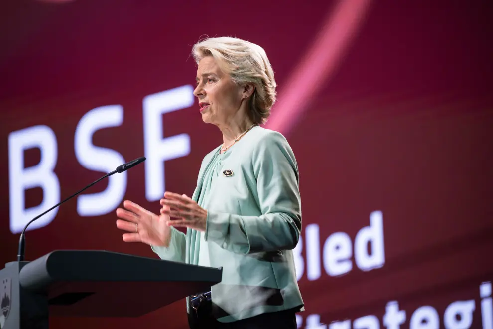 EU Commission President Ursula von der Leyen addresses the opening of the Bled Strategic Forum. Photo: Daniel Novakovič/STA