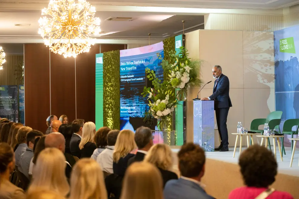 European Travel Commission CEO Eduardo Santander speaks at the tourism panel at the Bled Strategic Forum. Photo: Boštjan Podlogar/STA