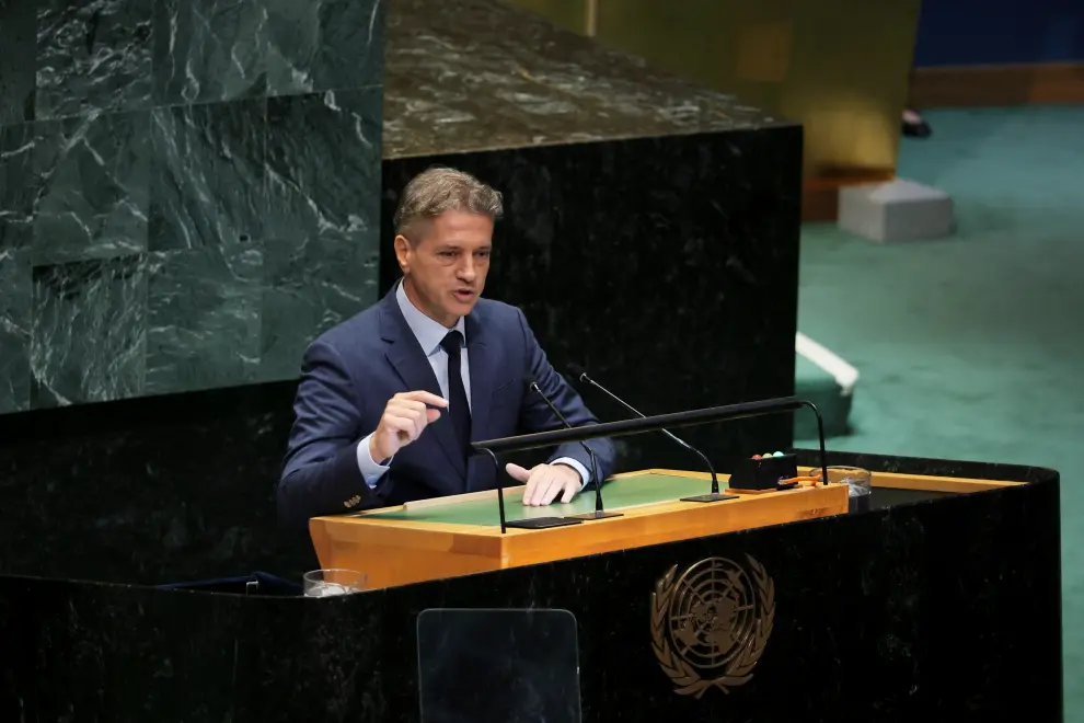 Prime Minister Robert Golob addresses the UN Summit of the Future. Photo: Daniel Novakovič/STA