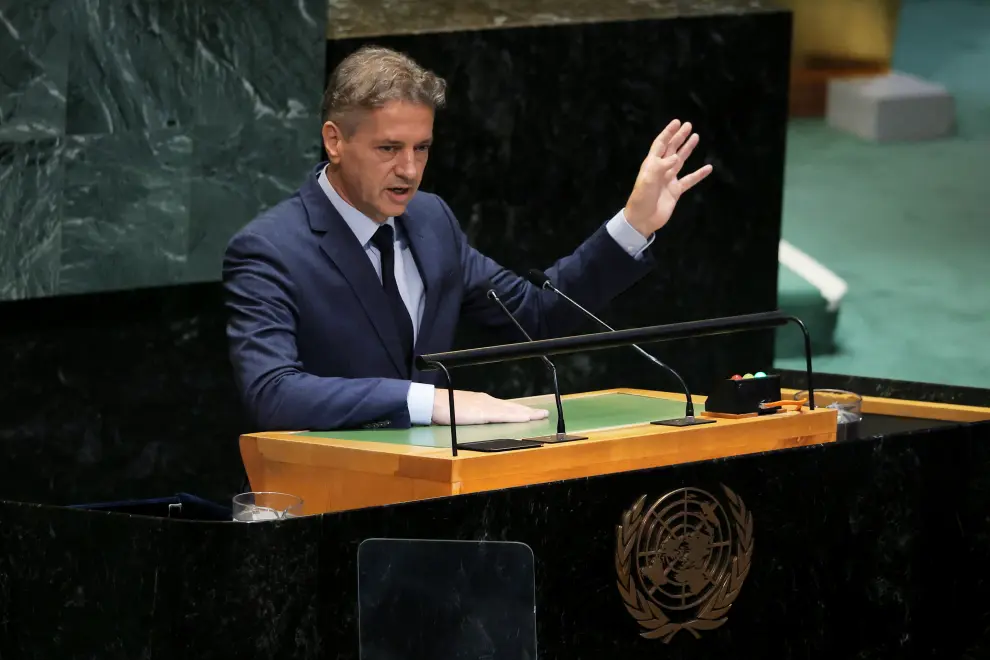 Prime Minister Robert Golob addresses the UN Summit of the Future. Photo: Daniel Novakovič/STA