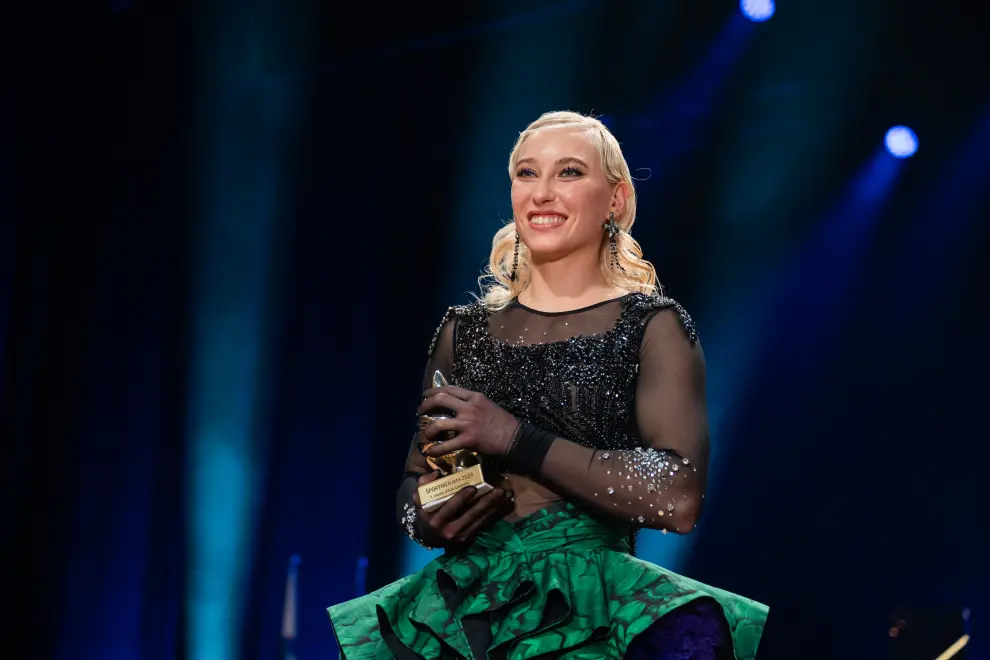 Olympic climbing champion Janja Garnbret accepts the Athlete of the Year award. Photo: Boštjan Podlogar/STA