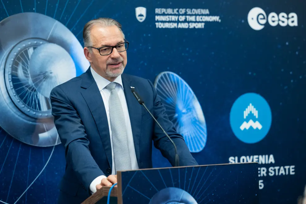 European Space Agency director-general Josef Aschbacher addresses reporters after Slovenia-ESA summit. Photo: Bor Slana/STA