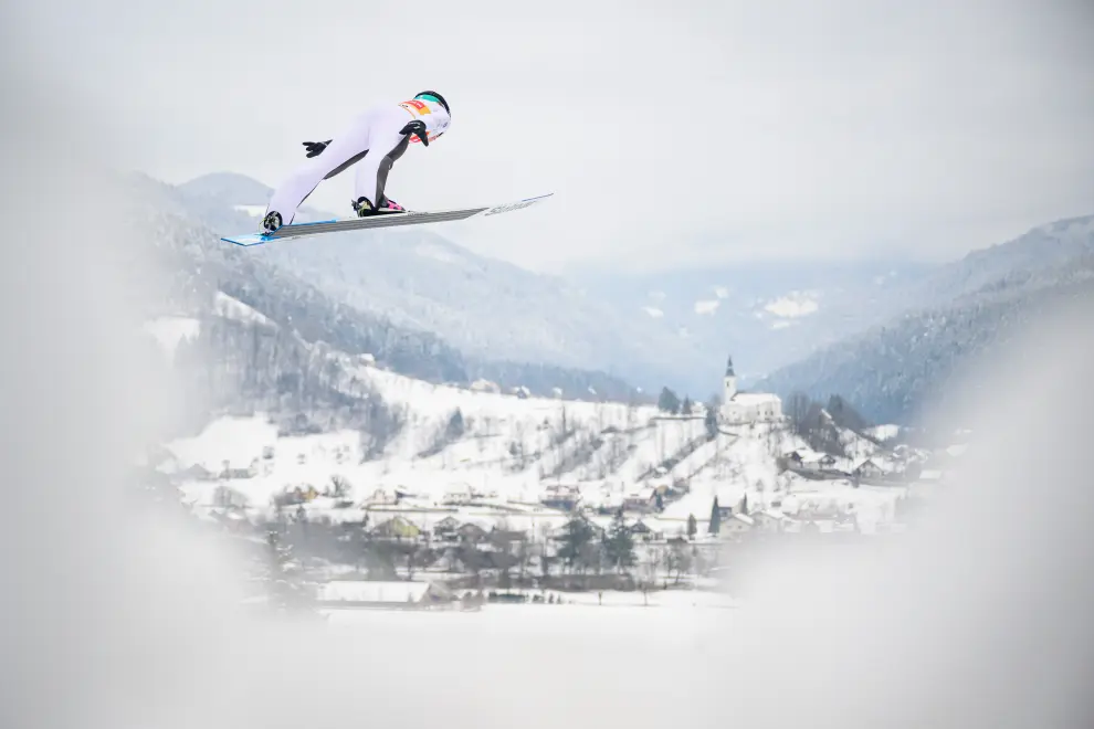 Nika Prevc soaring above Ljubno at the Ski Jumping World Cup meet. Photo: Jure Makovec/STA