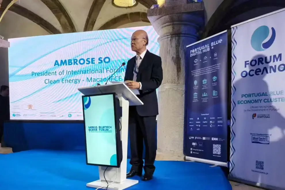 Dr. Ambrose So, President of the International Forum for Clean Energy (Macau), delivers opening speech on global collaboration in blue economy innovation