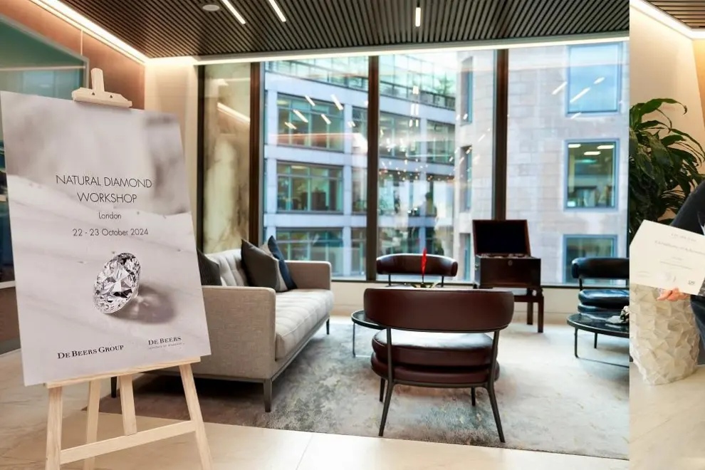 From left to right - De Beers Group representatives, Chow Tai Fook Group representatives and influencers; Natural diamond workshop on 6th floor of De Beers Group's headquarters office in London; De Beers Group representatives and media.