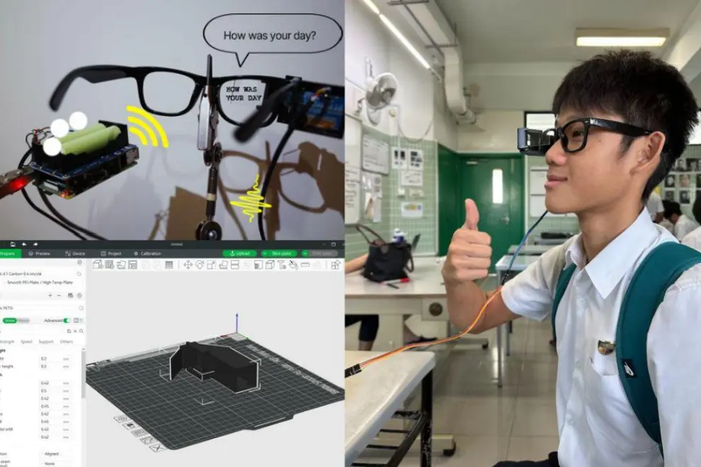 (From left) Prototype for SilentGuide, a student trying out SilentGuide, and the 3D printing process while developing the SilentGuide prototype