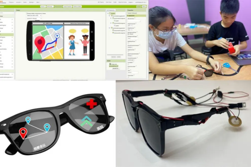 (From left, clockwise) Navigation function in Smart Vision, Team Smart Vision working on their prototype, Smart Vision prototype, Smart Vision mock-up