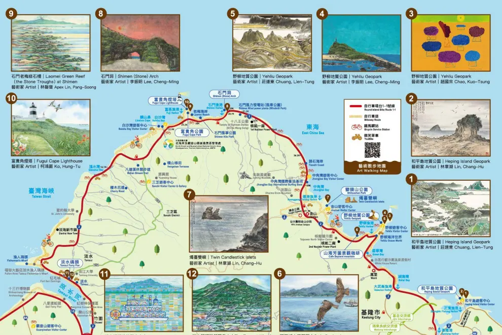 Walking map of the 12 artistic attractions, including bike-friendly sightseeing routes, to guide visitors deeper into the landscape and discover the wonders waiting within.