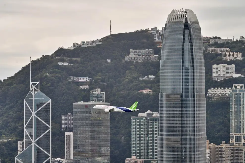 A C919 flight demonstration over Hong Kong on December 16, 2023.