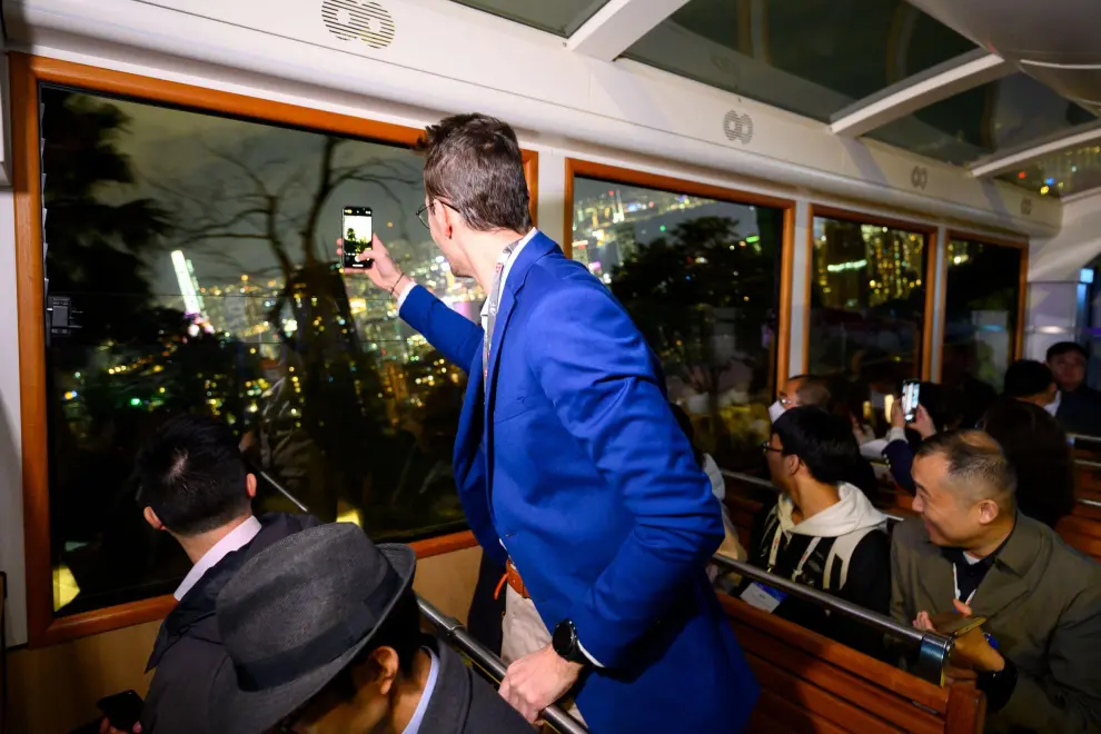 Asia Financial Forum guests on the funicular Peak Tram