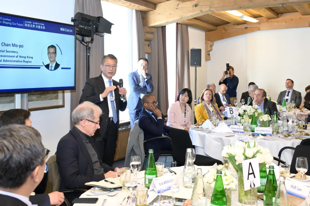 Hong Kong SAR's Financial Secretary, Paul Chan, speaks at the "2025 Davos-Caixin CEO Luncheon" in Davos, Switzerland.