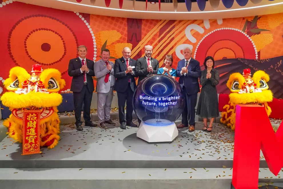 From left to right, Professor Peter Waring, Professor Simon McKirdy, Professor Andrew Deeks, His Excellency Allaster Cox, Ms Denise Phua, Mr David Jones, and Dr Susie Khoo commemorated the launch of the Odeon 333 City Campus