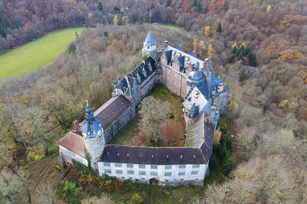 Aerial view of Rammelburg Castle, Germany, Winter 2025