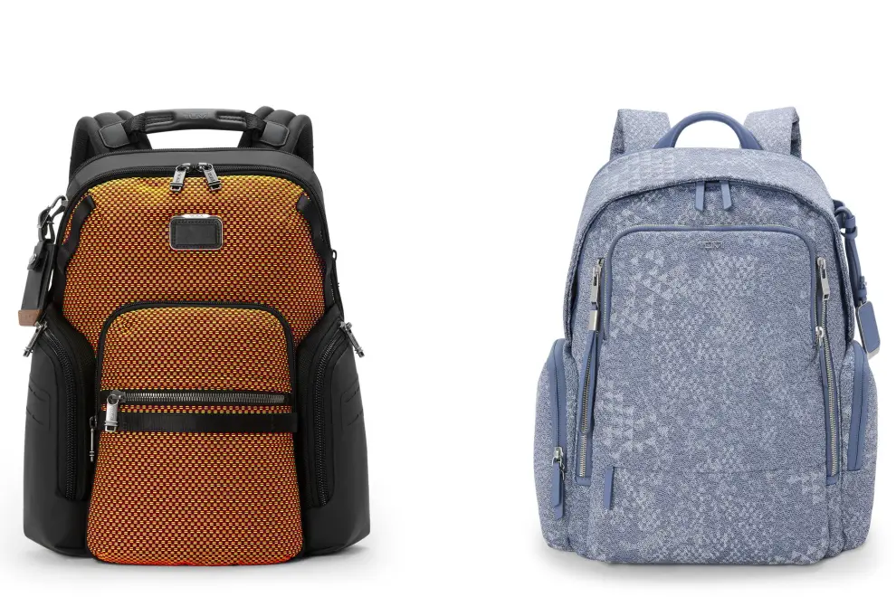 (L to R): Alpha Bravo Navigation Backpack in Red/Lime Chameleon, Voyageur Celina Backpack in Denim Blue