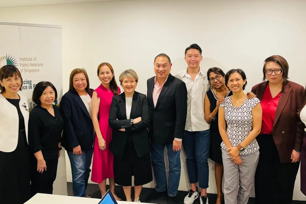 Members of the Institute of Public Relations of Singapore Council 2025/27. Left to right: Serene Loo, Felicia Wee, Vanessa Wan, Cindy Lee, Koh Juat Muay, President Ross Gan (centre), Selvi R, Juliet Samraj, Jeanie Lee and Jini Pillai.