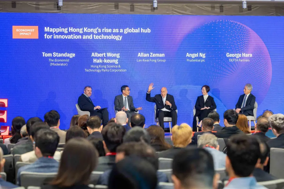 Photo caption: Albert Wong Hak-keung, chief executive officer of Hong Kong Science & Technology Parks Corporation, Allan Zeman, chairman of Lan Kwai Fong Group, Angel Ng, regional CEO, Greater China of Prudential plc, George Hara, group chairman and CEO of DEFTA Partners and Tom Standage, deputy editor of The Economist, engage in a conversation at Technology for Change Asia.