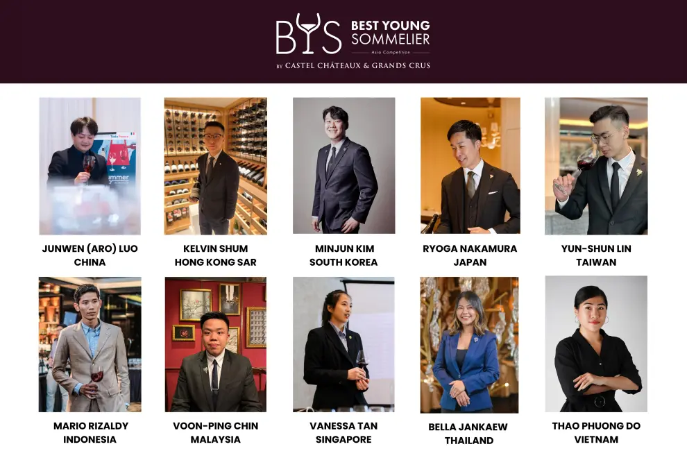 The Top 10 candidates competing in the semi-final and final rounds for the Best Young Sommelier Competition by Castel Châteaux & Grands Crus - Asia Edition 2025