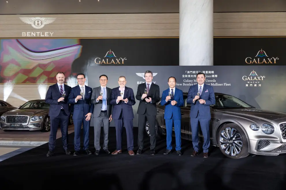 The unveiling celebration was included Bentley Motors' and Galaxy Macau's Leadership (from Left to Right) Mr. Jeremy Walker, Senior Vice President of Marketing and Event Services at Galaxy Entertainment Group (GEG); Mr. James Koratzopoulos, Executive Vice President of Hotel & MICE Operations at GEG; Mr. Elmen Lee, Director of Integrated Resort Services at Galaxy Macau; Mr. Roger Lienhard, Executive Vice President of Hospitality at Galaxy Macau; Mr. Kim Airey, Managing Director of Bentley Motors for the Chinese Mainland, Hong Kong, and Macao; Mr. Hing Tak Mak, President of Kam Lung Motor Group; and Mr. Troy Hickox, Chief Representative, UAE and Head of Hotels and Lifestyle Development Services at GEG