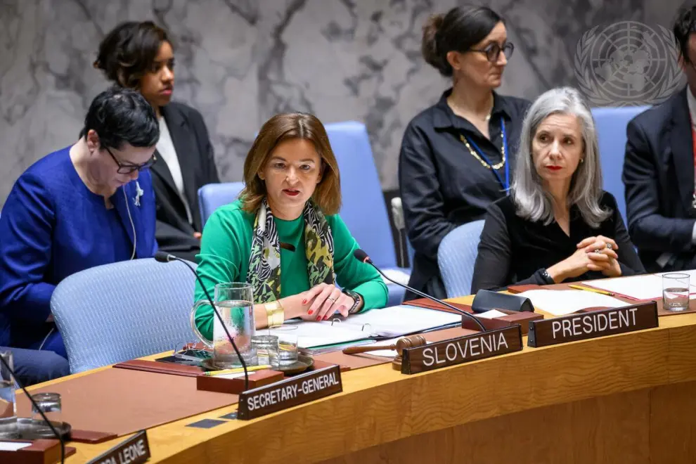 FM Tanja Fajon chairs the UN Security Council session on the situation in Afghanistan. Photo: UN