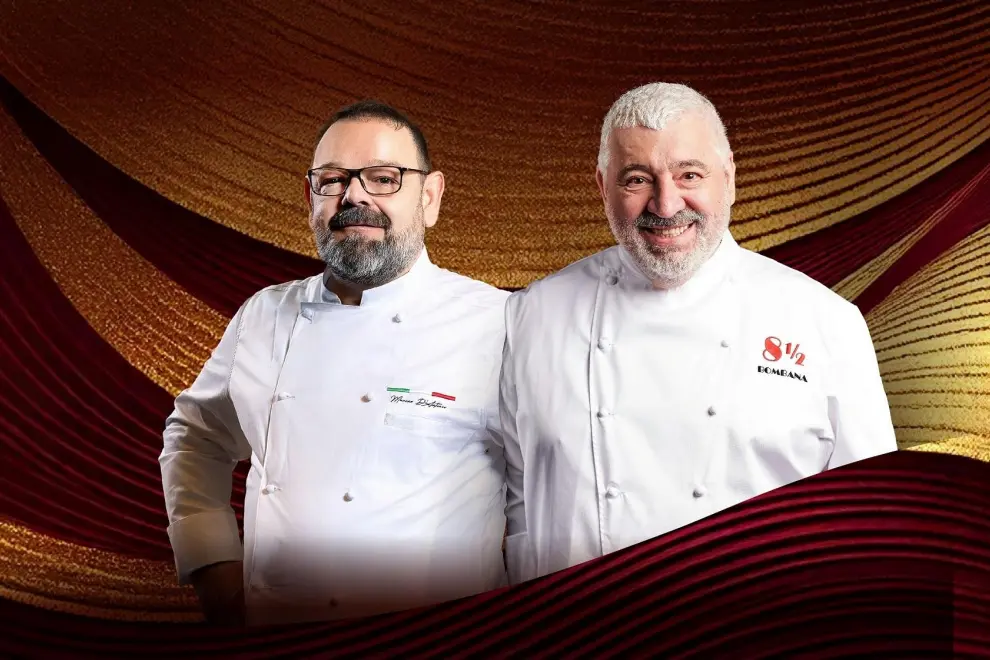 The new Executive Chef of 8½ Otto e Mezzo BOMBANA at Galaxy Macau Marino D'Antonio (left) and Michelin Three Starred Maestro Chef Umberto Bombana (right).