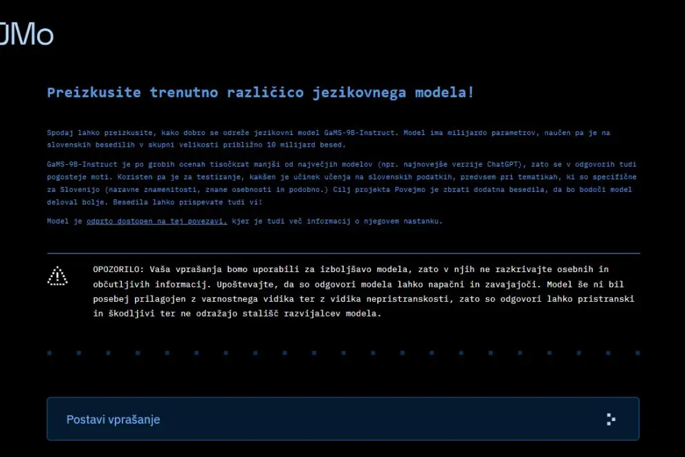 The landing page of GaMS, Generative Model for Slovenian. Photo: screenshot